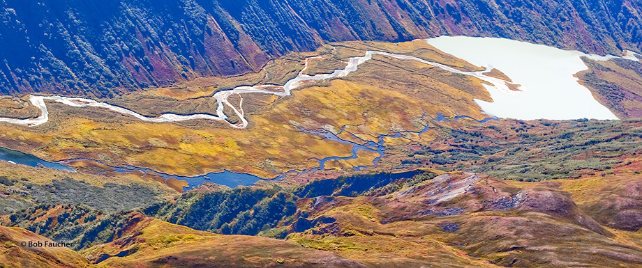 A glacier-melt river (white) and a snow-melt river (blue} flow down the lower flanks of  Denali into a small lake, filled with...