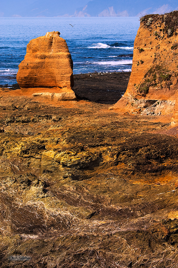The sandstone cliff at Bruel Point, sitting on a bed of varigated rock, has a cleft, often used by surfers to gain access to...