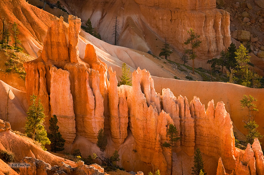 Barren slopes of smooth rounded sand, vegetation growing on rocky patches and ravines, tall spires of hoodoos, all basking in...