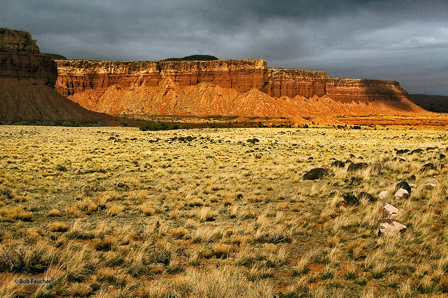 Cooks Mesa and Meeks Mesa rise 1000 feet from the lava-boulder strewn valley floor as one approaches the entrance to Capitol...