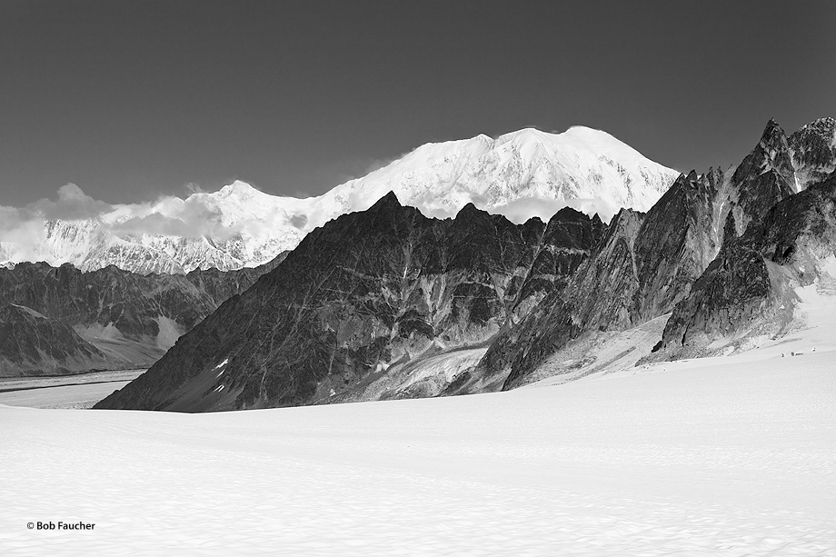 The South Face and summit of Denali as seen from Base Camp on the Southeast Fork of Kahiltna Glacier, easily the largest glacier...