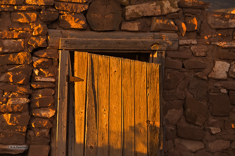 A partially open door on a derelict building catches late afternoon light, highlighting the textures of the boards.