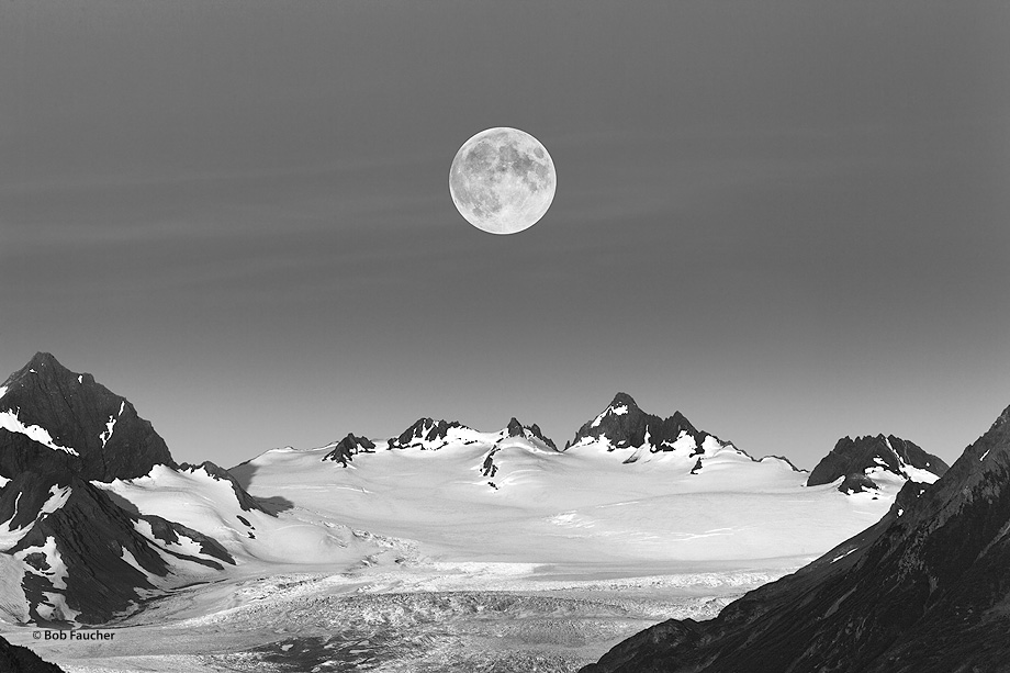 Full moon rising above Grewingk Glacier on the Kenai peninsula