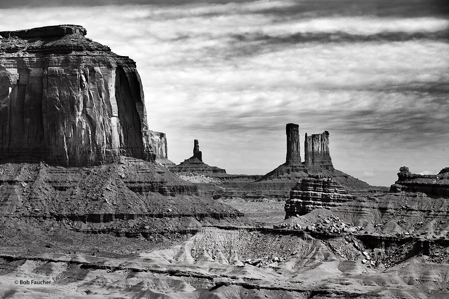Icons of Monument Valley as seen from John Ford Point; perspective compressed by a long lens