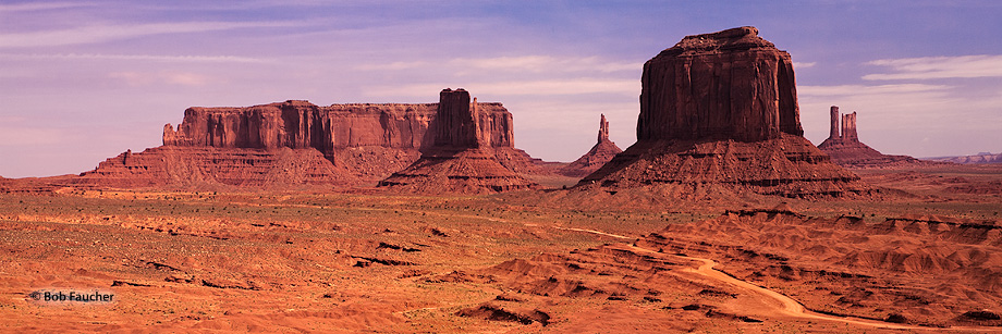 This view of Monument Valley, from John Ford point toward the north, includes Merrick butte, Sentinel Mesa; West Mitten, Big...