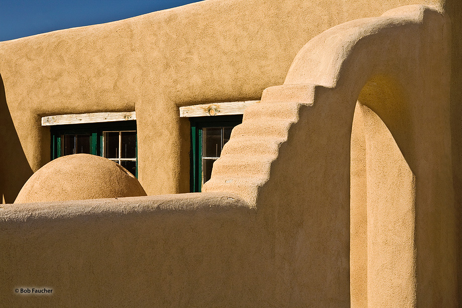 Patio archway at the back of the garage on the property of Los Luceros Hacienda, nestled along the Rio Grande.