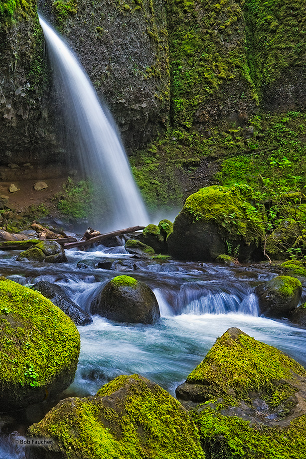 Shortly before making the thunderous 88 foot  plunge over Ponytail Falls, Horsetail Creek is shot through a narrow crack and...