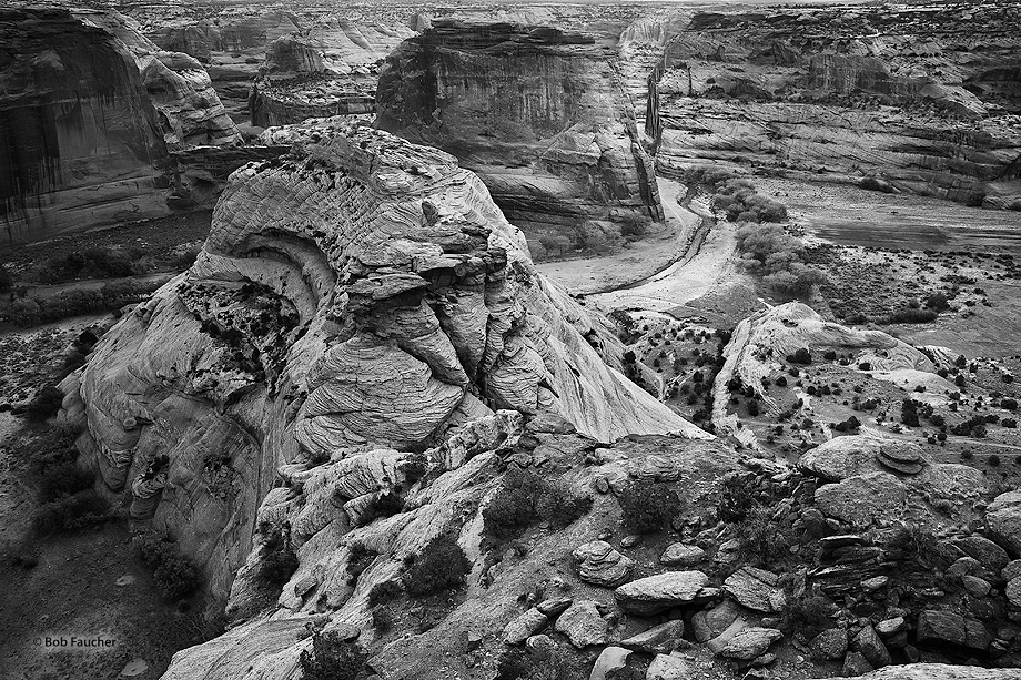 Unusual formations on the face of this rock, rising from Chinle Wash at White House overlook, make it appear to be puckered...