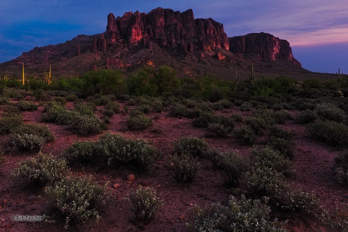 Early Fall evening light on Flatiron Peak in the Superstition Wilderness Area. The Superstition Mountains is a range of rugged...