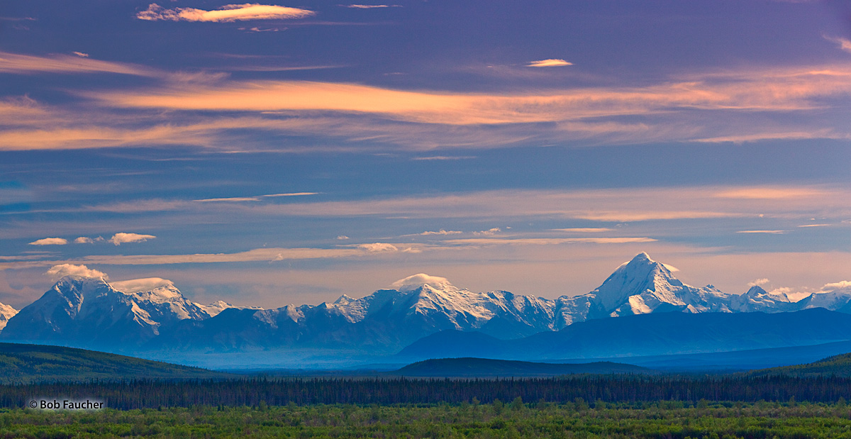Principle peaks of the Alaska Range in Denali NP are visible from the Richardson Highway, approximately 120 miles away