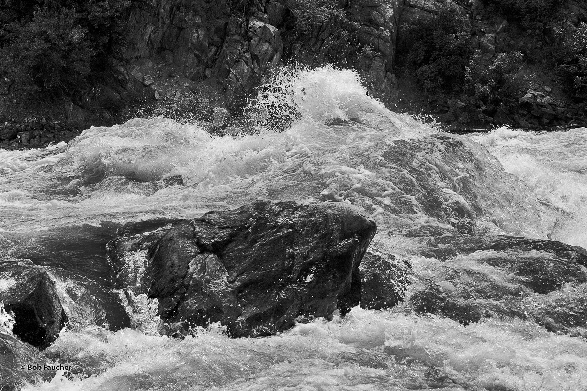 This narrow channel in the North Fork Payette River, filled with boulders, creates fast moving water that crests some rocks yielding...