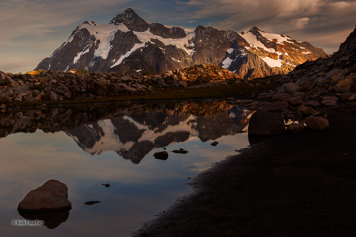 Late afternon light on the flanks of Mt. Shuksun, as seen from Artist's Point, with it's reflection in a tarn