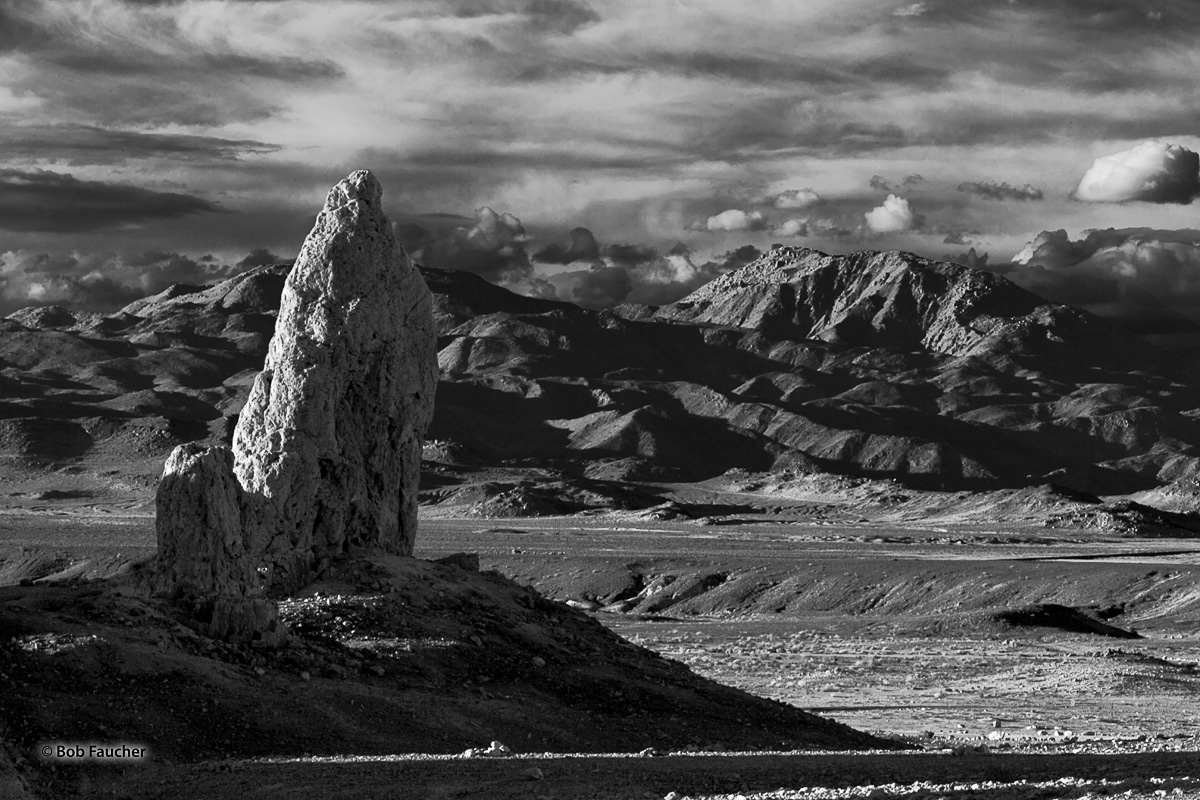 A tall tufa spire rises above the bed of Searles Lake in Trona Pinnacles, a National Natural Landmark in the California Desert...
