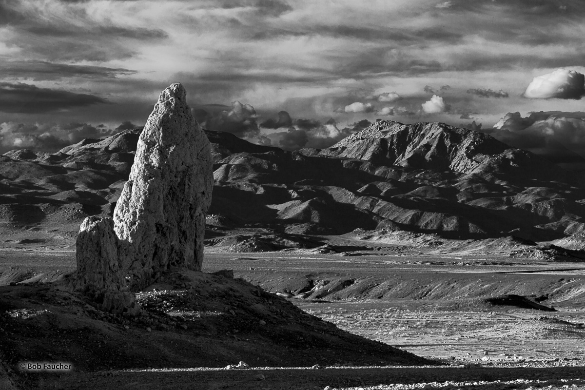 A tall tufa spire rises above the bed of Searles Lake in Trona Pinnacles, a National Natural Landmark in the California Desert...