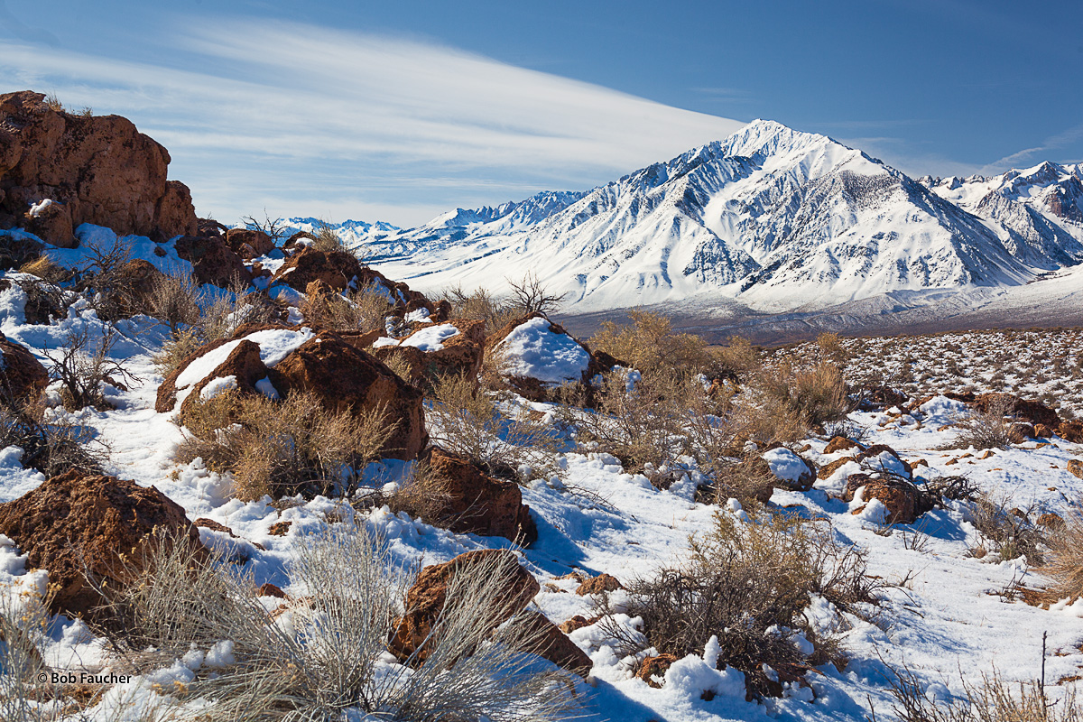 Mid-morning light floods the snow-covered eastern face of Mount Tom, a large and prominent peak near the city of Bishop in eastern...