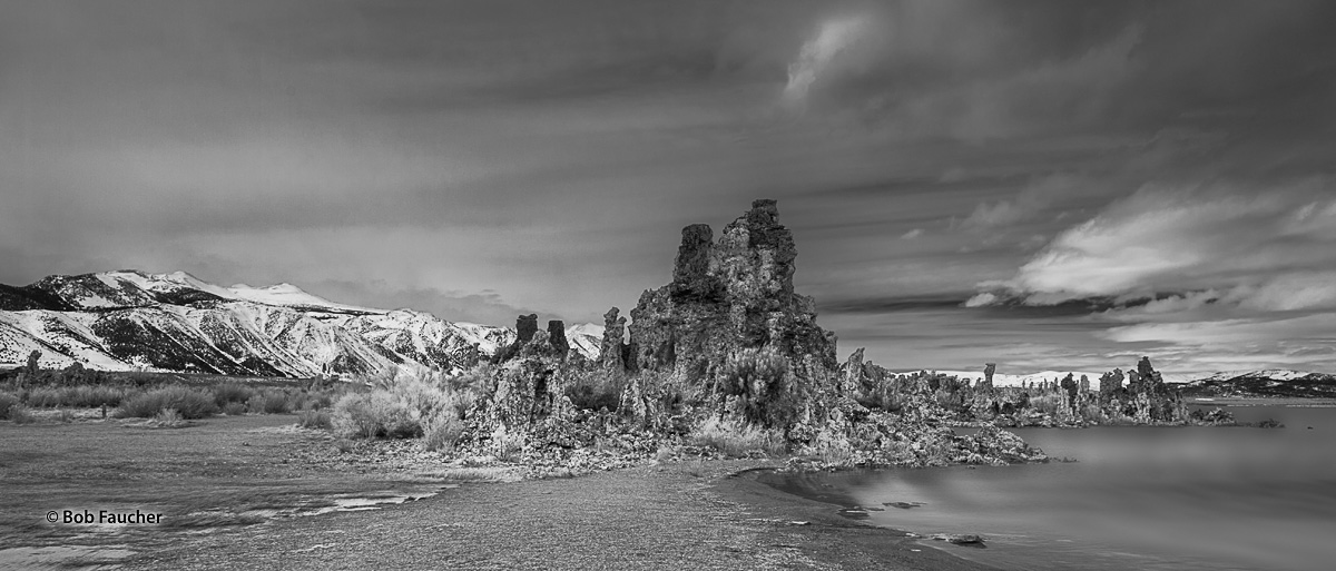 Late Sierra snow storm brings flurries as it rushes across Mono Lake, accentuating the delicate form of the tufa.