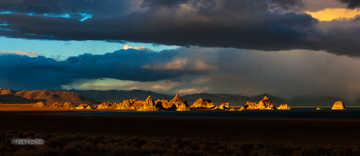 Late afternoon Golden Hour light casts a warm glow on the Needles, a group of tufa formations at the north end of Pyramid Lake...