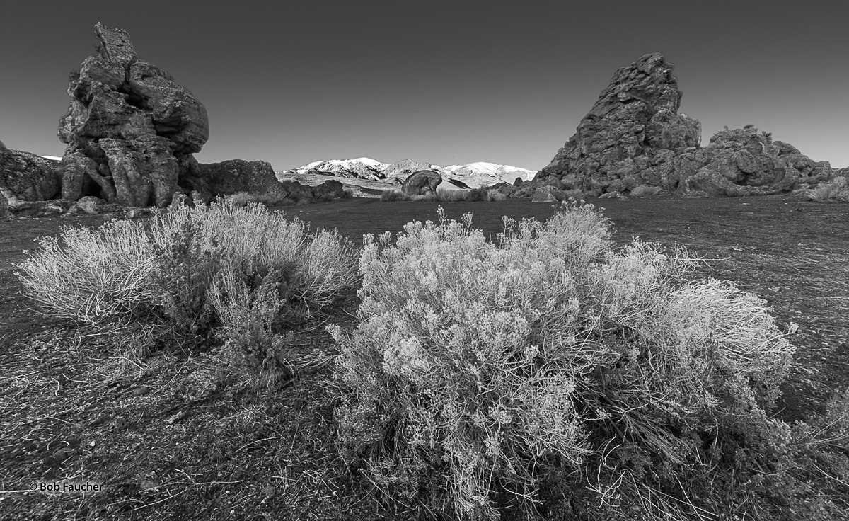 Morning sun highlights the snow-capped Virginia Mountains behind Monument Rock Beach camp site where I had camped