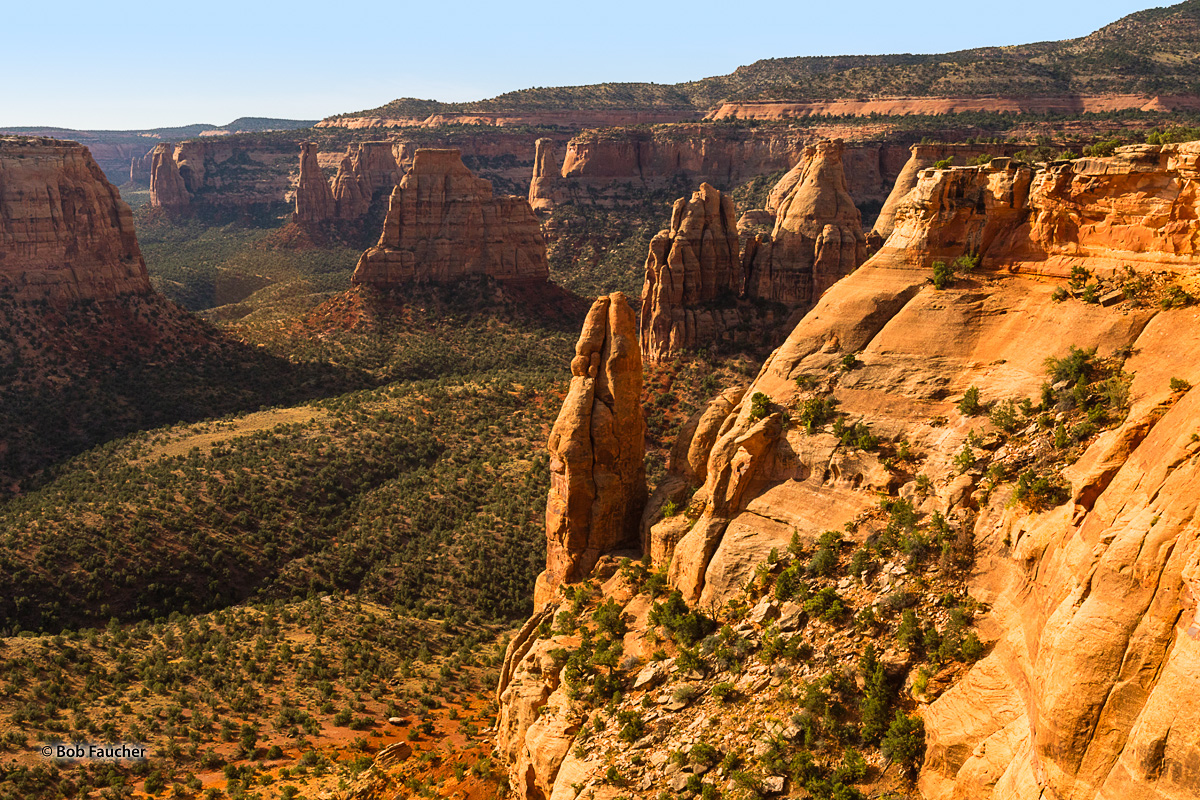 Soft morning light floods Monument Canyon—a region of the Colorado Plateau characterized by a cluster of vast sandstone buttes...