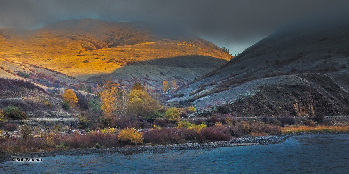 Under cloudy, foggy skies, Fall colors are exaggerated by low-angle morning light—breaking through below the leaden sky—on...
