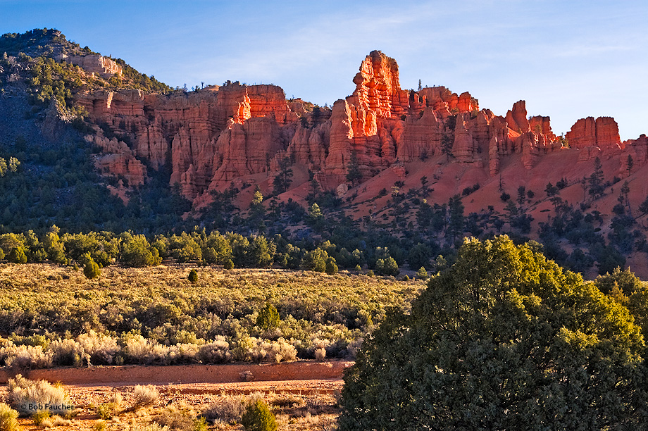 The sandstone walls at the entrance to Red Canyon glow with the backlight of morning sun