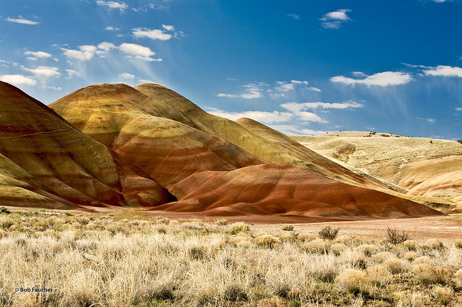 On a brilliant May morning, scattered clouds drift from the west over the Painted Hills trailing light showers, whose form reminded...