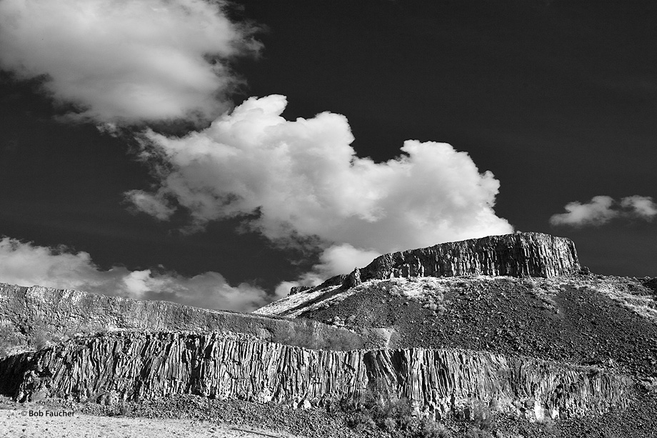 Late afternoon light strikes a basalt butte on the eastern side of the southwest-directed Moses Coulee as a cumulus cloud passes...