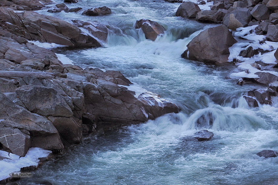 Heavy runoff in the Teanaway River during the Winter produces tremendous thunder cascading over a series of rocky steps