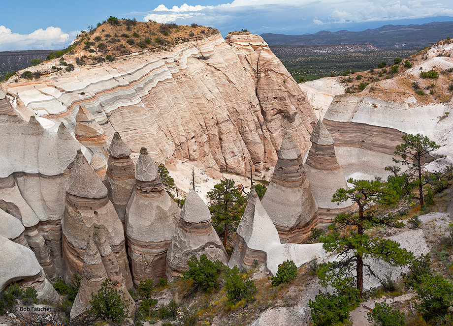 The tent rocks are cones of soft pumice and tuff beneath harder caprocks, and vary in height from a few feet to 90 feet