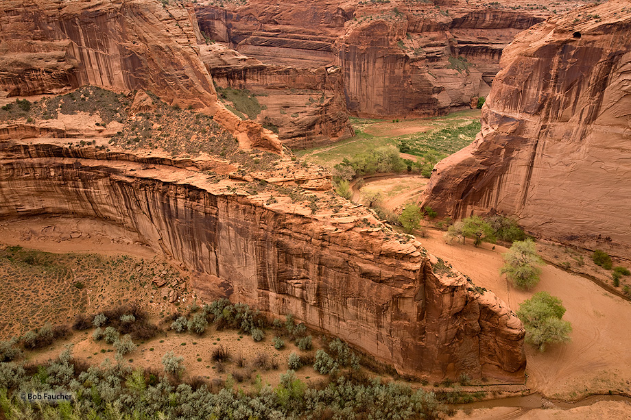 A large fin protrudes out from the canyon wall compelling the Chinle River to seek a new course