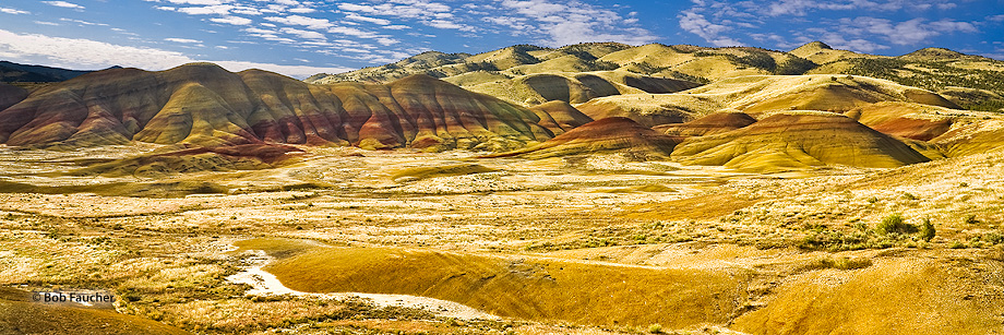 The bentonite hills formed along a valley perimeter with a broad flat floor nearly devoid of vegetation.