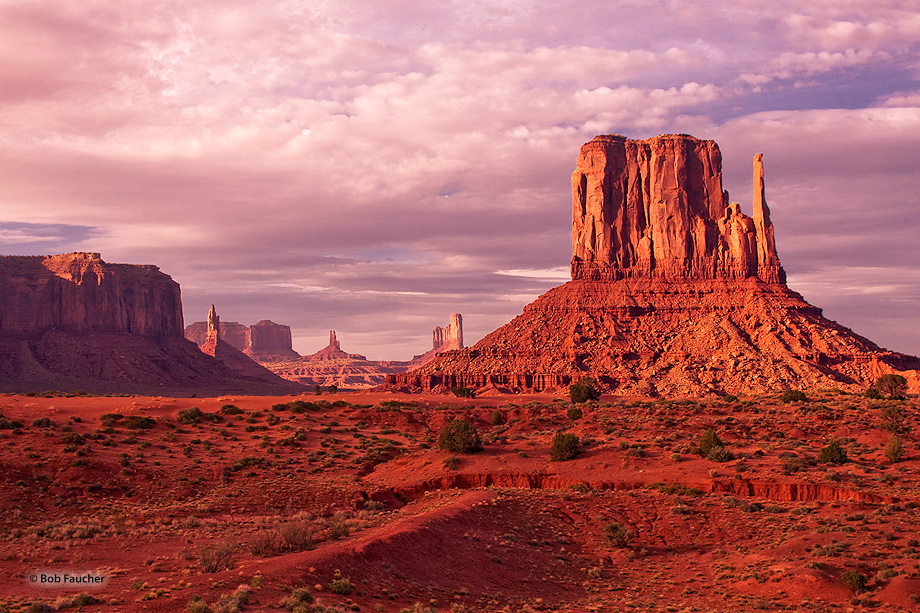 Late afternoon light graces West Mitten, as seen from the valley floor, with Sentinel Mesa and Big Indian in the background.